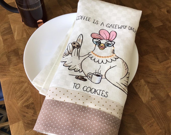 Towel embroidered Pretty Hen Coffee with Cookies