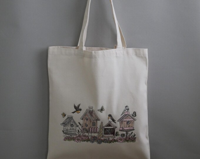 Tote bag embroidered spring houses and birds