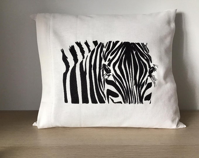 Natural white cotton sofa cushion cover with black zebra embroidery