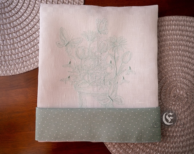 Spring tea towels embroidered green flowers  from white jacquard natural linen