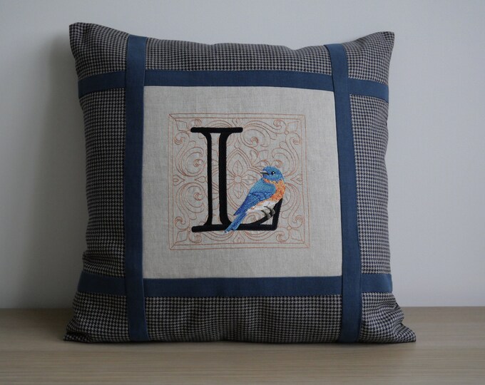 Pillowcase embroidered L, O, V, E with blue bird, letters embroidery variation