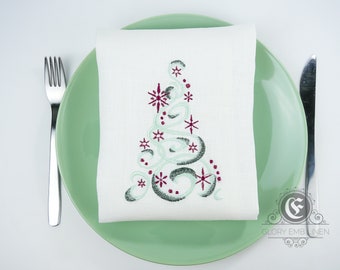 WHITE LINEN NAPKIN | Christmas Tree or Toy Embroidered | Set 4 Napkins Gift | Holiday Home Gift