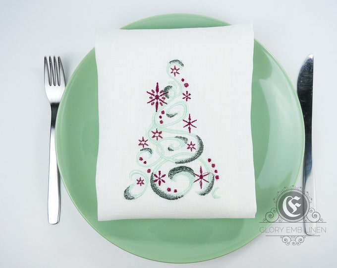 Christmas white napkins embroidered tree or toy