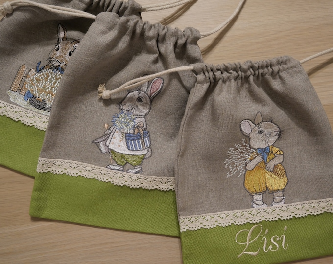 Easter tote bag for kids wrapping gift embroidered flower bunny