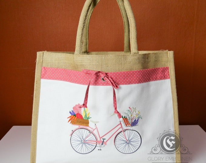 Jute tote embroidered Bicycle with vegetables