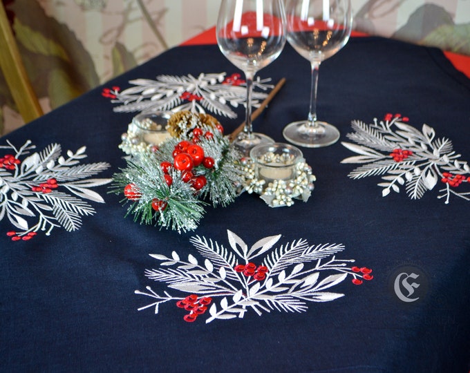 Set of black tablecloth embroidered Winter bouquet and red natural linen tablecloth