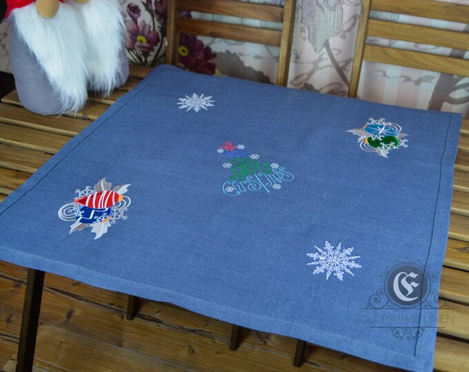 Natural linen tablecloth embroidered Christmas tree and toys