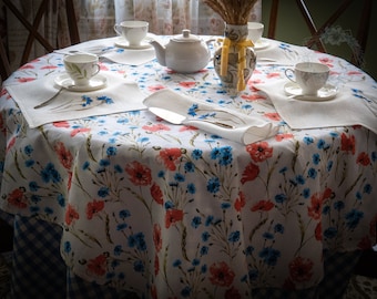 Table Linen Cornflowers, Linen Tablecloth or Floral Tablecloth or Linen Embroidered White Napkins, Estonian Traditional Style