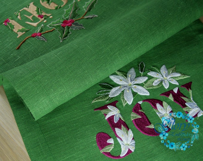 Christmas table runner green colour embroidered Noel and Joy