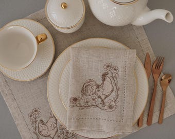 Set of 4 Napkins Embroidered Hen and Rooster
