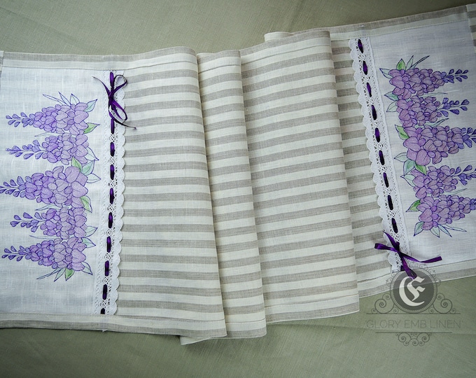 Table runner embroidered lavender flowers
