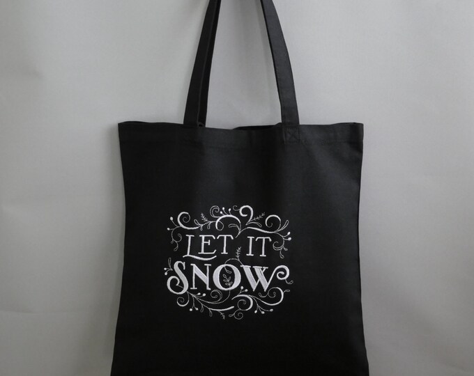 Black bag tote embroidered patterns Figure skates or Let it snow