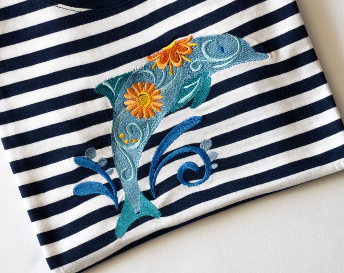 T-shirt for woman embroidered blue dolphin with orange flowers