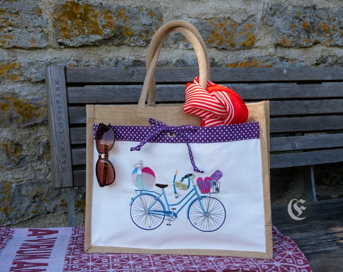 Jute tote beach with big embroidered pocket Bicycle
