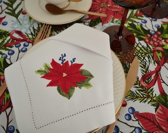 Set of 2 or 4 Napkins Embroidered Christmas Poinsettia or Cotton Tablecloth