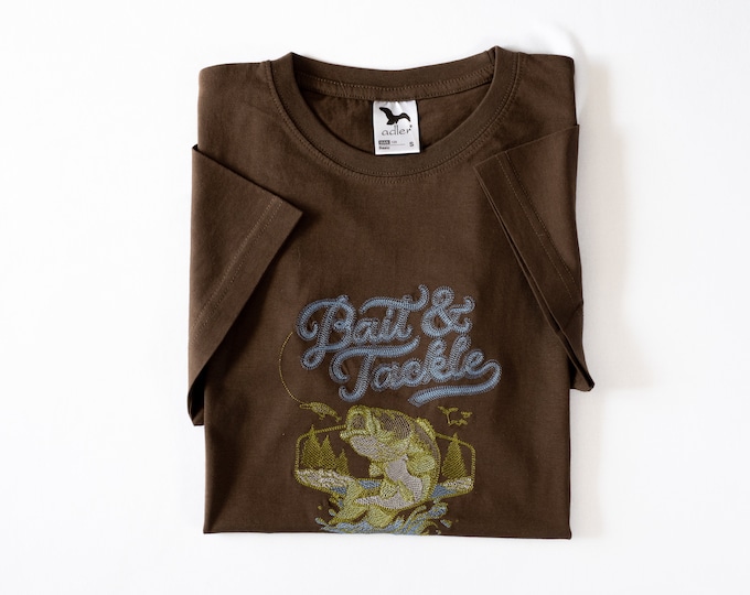 Cotton t-shirt  brown color embroidered fishing, big green with Bait & Tackle