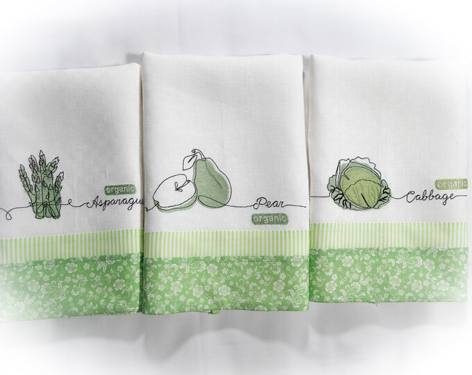 Set of 3 Organic Kitchen Towels with Embroidered Patterns: Pear, Cabbage and Asparagus, Natural Linen Jacquard, Organic Cotton with Pattern