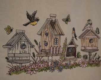 Cotton tote bag, embroidered spring houses