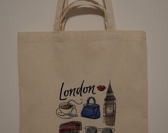 Cotton tote bag, embroidery Pretty Women on London or New York or Paris