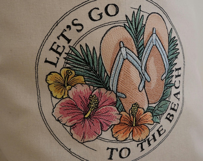 Tote bag embroidered Let's go to the beach or Summer breeze and  Flip-Flops Please