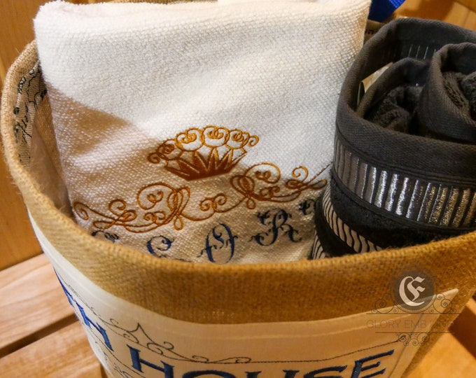 Jute bath basket embroidered bath house or laundry embroidery, burlap bathroom organizer, wall hanging storage, laundry floor hamper