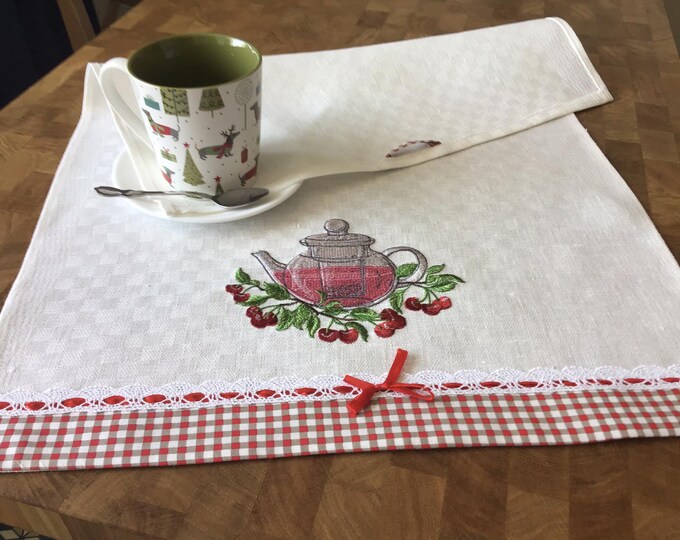 Tea towel from natural organic linen and creckered red cotton, embroidery tea pot with cherry
