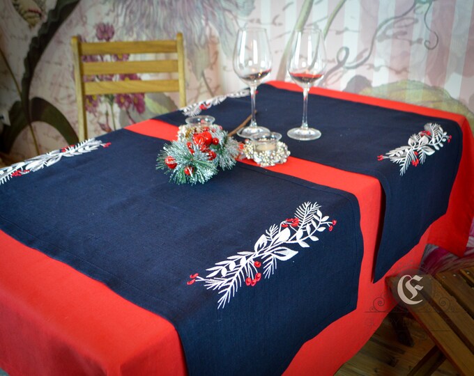 Natural table linen set of  tablecloth with two embroidered runners for holiday farmhouse table decoration on Christmas
