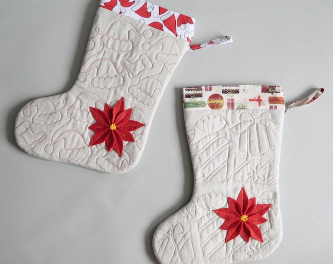 Christmas socking embroidered trapunto and decorating felt Poinsettia