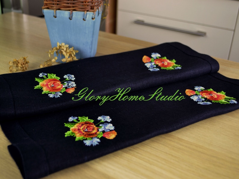Embroidery Estonian Folk Flowers Natural European linen fabric Poppies Ready to shipping. Cornflowers and Wheat