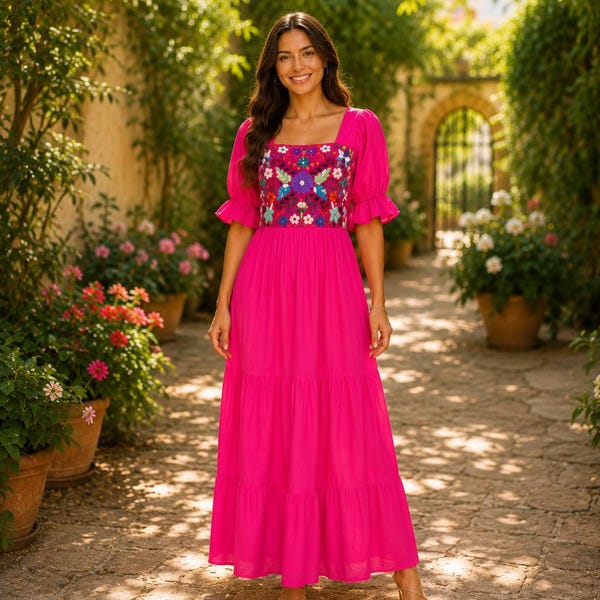 Vestido largo mexicano hecho a mano: vestido bohemio de rayón bordado