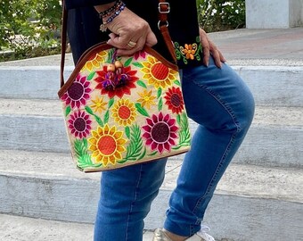 Handmade Floral Embroidered Mexican Bag: Boho Cotton Tote