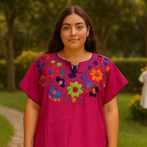 Plus Size Mexican Blouse: Hand Embroidered Floral Huipil