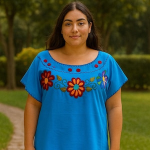 Plus Size Mexican Blouse: Hand Embroidered Floral Huipil