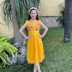 Mexican dress, hand embroidered mexican dress, mexican floral dress, ethnic dress, embroidered dress with  bright colors,