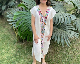 Mexican floral long dress, hand embroidered mexican dress, ethnic dress, mexican huipil, embroidered dress with silk thread.