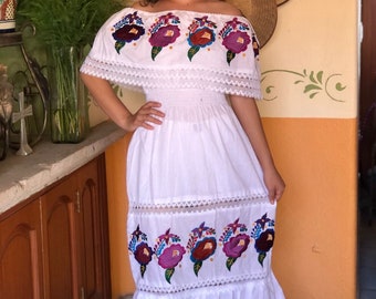 Hand Embroidered Mexican Peasant Dress: Strapless Floral Long Dress