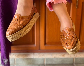 Zapato de plataforma hecho a mano, Tacones de plataforma mexicana, Sandalias Huaraches, Zapatos de Mujer, Huaraches de Cuero.