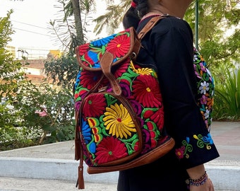Floral embroidery leather backpack hot sale