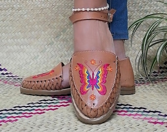 Butterfly Embroidered Huarache: Handmade Mexican Leather Sandal