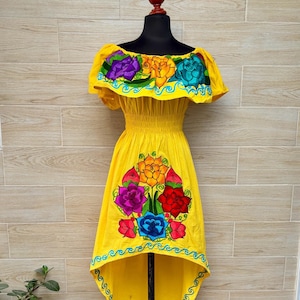 Floral embroidered dress, Asymmetrical peasant dress, Mexican artisan dress, elegant dress, Mexican party dress.