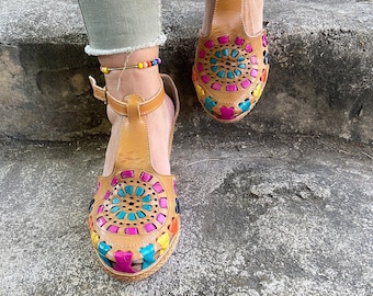 Handmade platform shoe, Mexican platform heels, wedge shoes, huaraches sandals, women's shoes, leather huaraches.