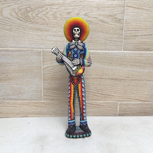 Handmade Huichol Beaded Skeleton Musician, Mexican Folk Art Day of the Dead Figurine.