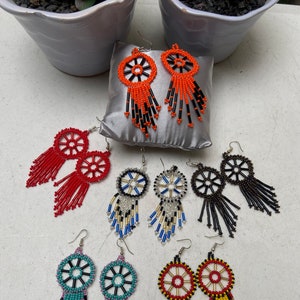Beaded artisan earrings, huichol earrings, beaded earrings, mexican earrings, huichol art, hippy earrings, gift for her.