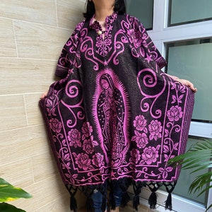 Mexican poncho, Poncho with image of the Virgin of Guadalupe, Poncho with golden thread, Mexican overcoat, evening wrap, beautiful gift.
