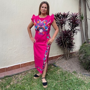 Mexican long dress, embroidered dress, floral dress, ethnic dress, cotton dress, fresh dress, mexican hupil.