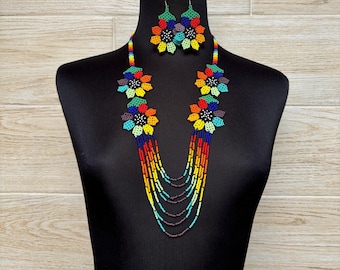 Handmade Huichol Beaded Necklace Set: Colorful Mexican Art Jewelry
