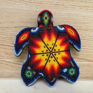 Huichol turtle statue lined with tiny beads, Huichol Decor, Huichol beadwork, Mexican Art, Collectible figure.