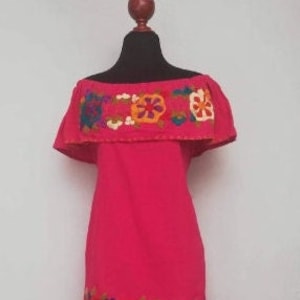 Mexican dress, peasant dress, strapless dress, hand embroidered dress, floral dress, ethnic dress, embroidered dress with cotton thread.