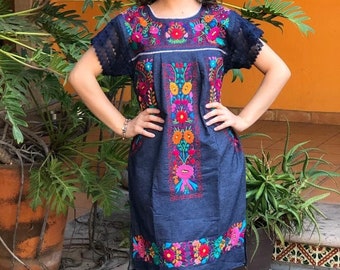 Mexican floral dress, cool denim mexican dress, hand embroidered mexican dress, mexican floral dress, ethnic dress