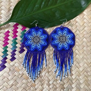 Beaded artisan earrings, huichol earrings, beaded earrings, mexican earrings, huichol art, hippy earrings, gift for her.